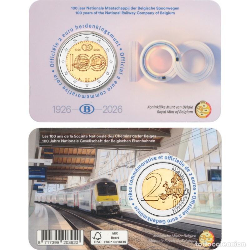Euros: 2 euros BELGICA 2026 100 A&Ntilde;OS FERROCARRILES BELGAS COINCARD (Version Holandesa)