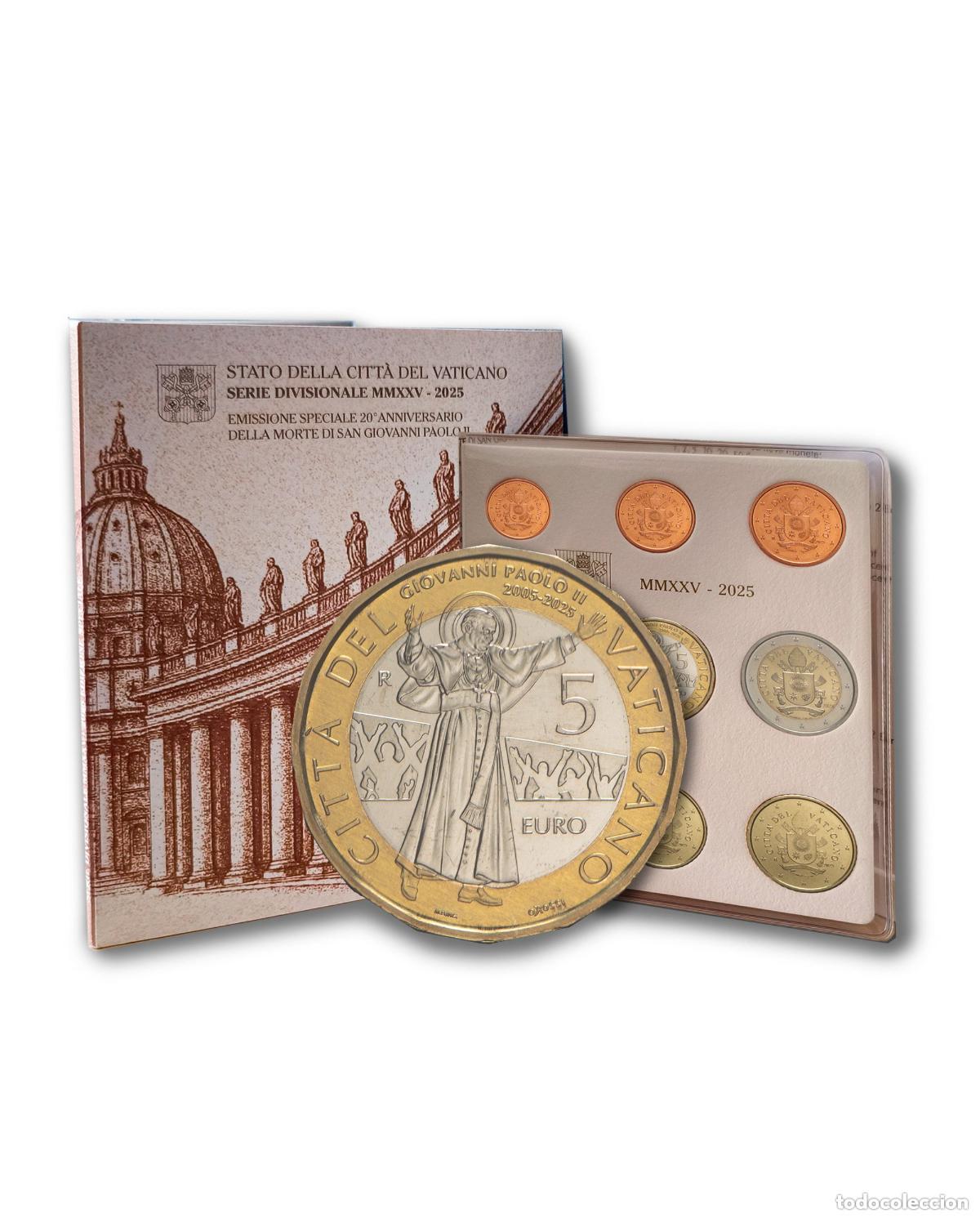 Euros: VATICANO 2025. CARTERA, EUROSET CON 8 VALORES DE 1 c A 2 &euro; + MONEDA DE 5 &euro; BIMETALICA.