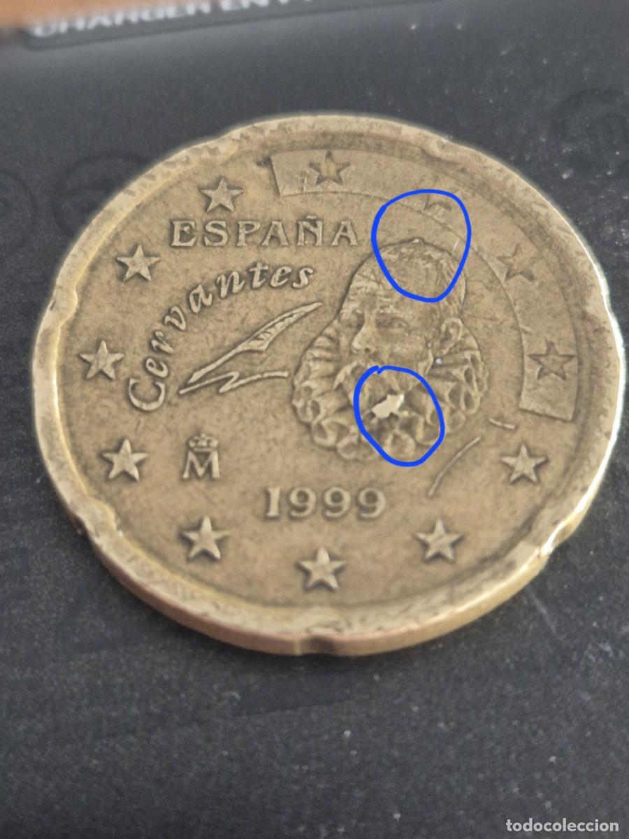 Euros: Moneda 20 c&eacute;ntimos de Euro ESPA&Ntilde;A 1999 Cervantes. Doble error de acu&ntilde;aci&oacute;n por exceso de metal. VER*
