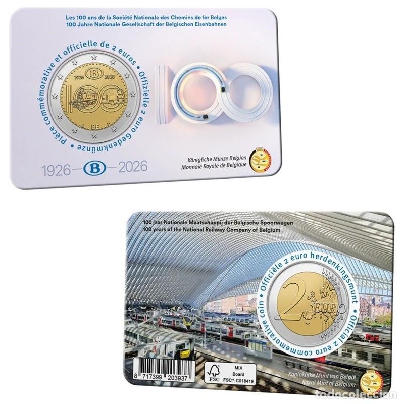 Euros: 2 euros BELGICA 2026 100 A&Ntilde;OS FERROCARRILES BELGAS COINCARD (Version Francesa)
