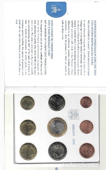 Euros: VATICANO 2026. CARTERA DIVISIONALE DE 1 CTO A 2 &euro; + MONEDA DE 5 &euro; DE FANCISCO DE ASIS.