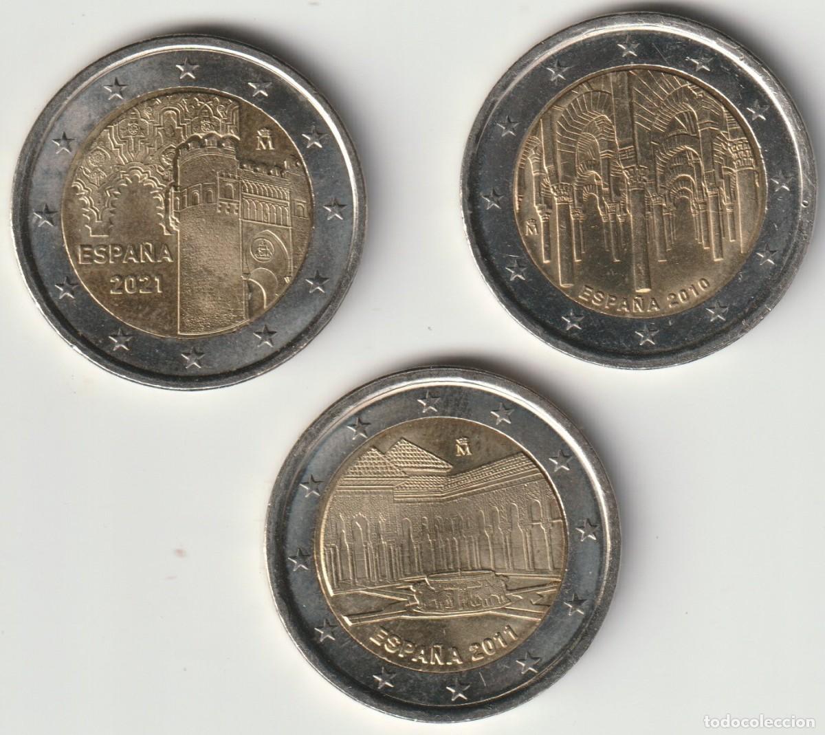 Euros: Espa&ntilde;a. Lote de 3 monedas de 2 euros 2010 2011 2021