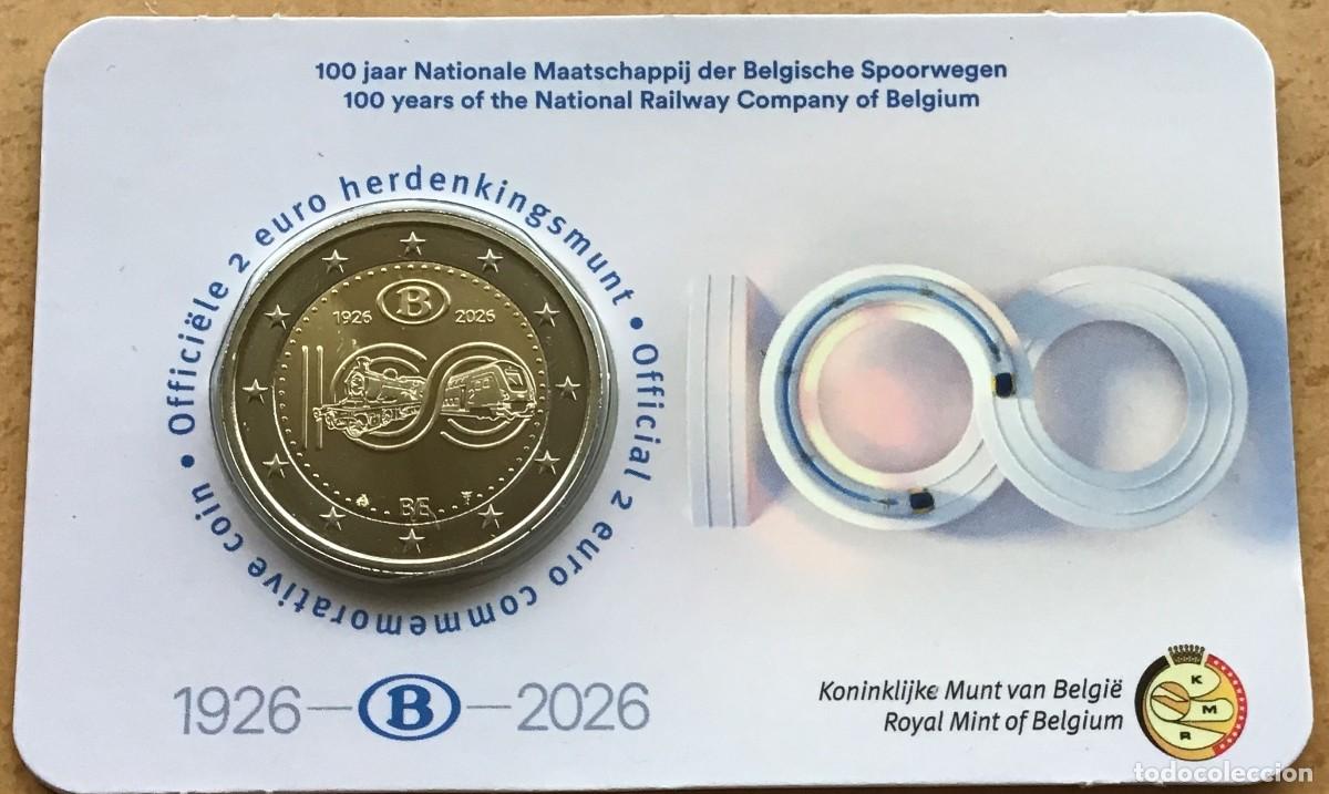 Euros: 2 euros conmemorativos de B&eacute;lgica. 100 aniv. Compa&ntilde;&iacute;a de ferrocarriles. Coin Card. A&ntilde;o 2026