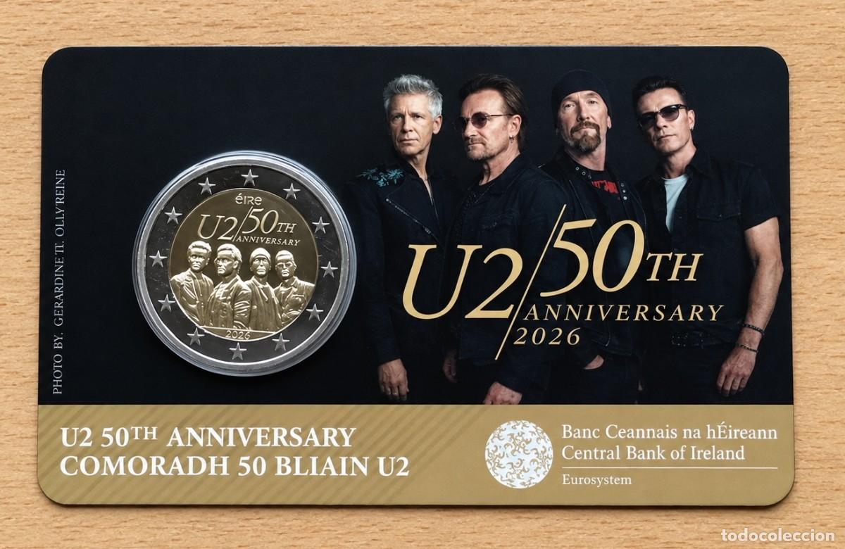 Euros: 2 euros conmemorativos de Irlanda. 50 Aniversario de U2. A&ntilde;o 2026. Coin Card. Sin circular