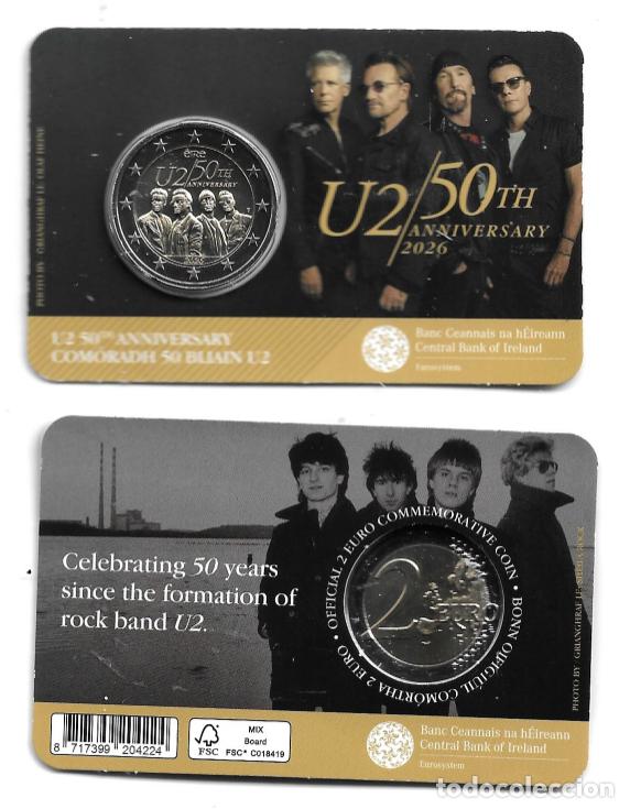 Euros: IRLANDA 2026. COINCARD DE MONEDA DE 2 EUROS DEDICADO AL 50 ANIVERSARIO DEL GRUPO DE MUSICA U2. .S.C.