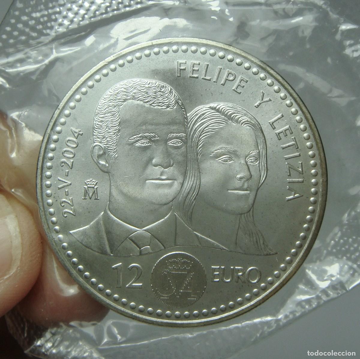 Monedas de Felipe VI: 12 &euro;. PLATA .925. Juan carlos I y Sofia. 2004 Boda Principe Felipe VI y Letizia