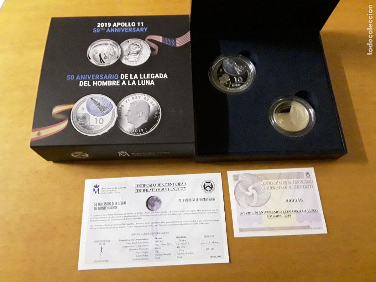 Monedas de Felipe VI: ESPA&Ntilde;A - 10 EUROS DE PLATA + 1/2 DOLAR DE PLATA ANIVERSARIO LLEGADA A LA LUNA A&Ntilde;O 2019.