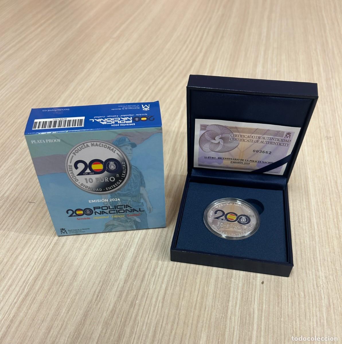 Monedas de Felipe VI: ESPA&Ntilde;A 10 EUROS 2024 POLICIA NACIONAL BICENTENARIO MONEDA DE PLATA ESTUCHE FNMT