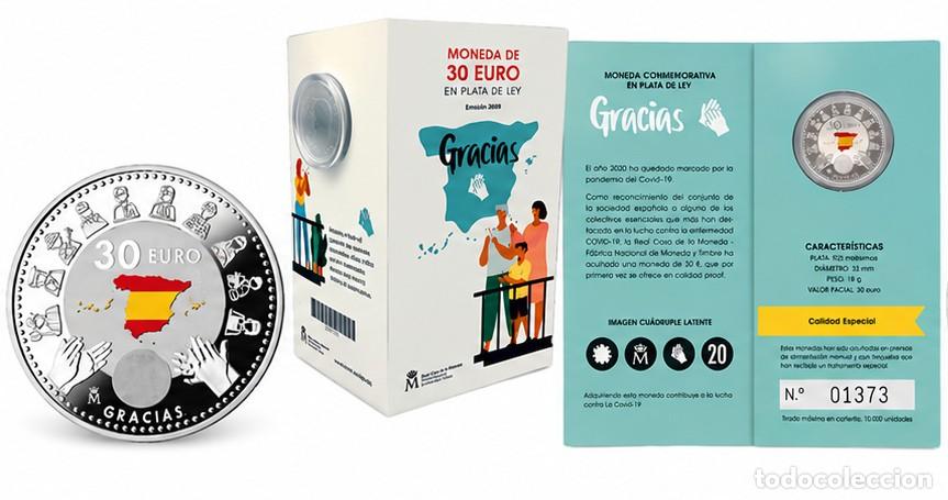 Monedas de Felipe VI: ESPA&Ntilde;A 2020 &ndash; 30 EUROS PLATA &ldquo;GRACIAS&rdquo; COVID-19 &ndash; CARTERITA NUMERADA N&ordm; 01373 &ndash; FNMT