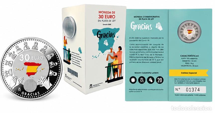 Monedas de Felipe VI: ESPA&Ntilde;A 2020 &ndash; 30 EUROS PLATA &ldquo;GRACIAS&rdquo; COVID-19 &ndash; CARTERITA NUMERADA N&ordm; 01374 &ndash; FNMT