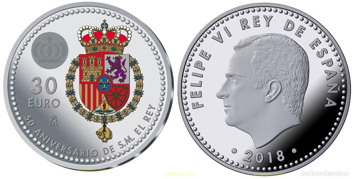 Monedas de Felipe VI: 2022 ESPA&Ntilde;A 2018 30 EUROS 2018 ESPA&Ntilde;A COLOREADA ANIVERSARIO REY