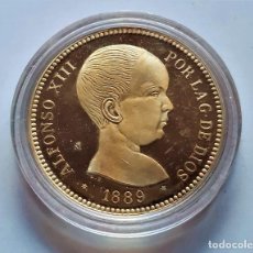 Monedas FNMT: 1889 ESPAÑA 20 PESETAS - PLATA RECUBIERTA EN ORO REAL 24. QUILATES - 13.50.GRAMOS - 33.MM DIAMETRO. Lote 311757508