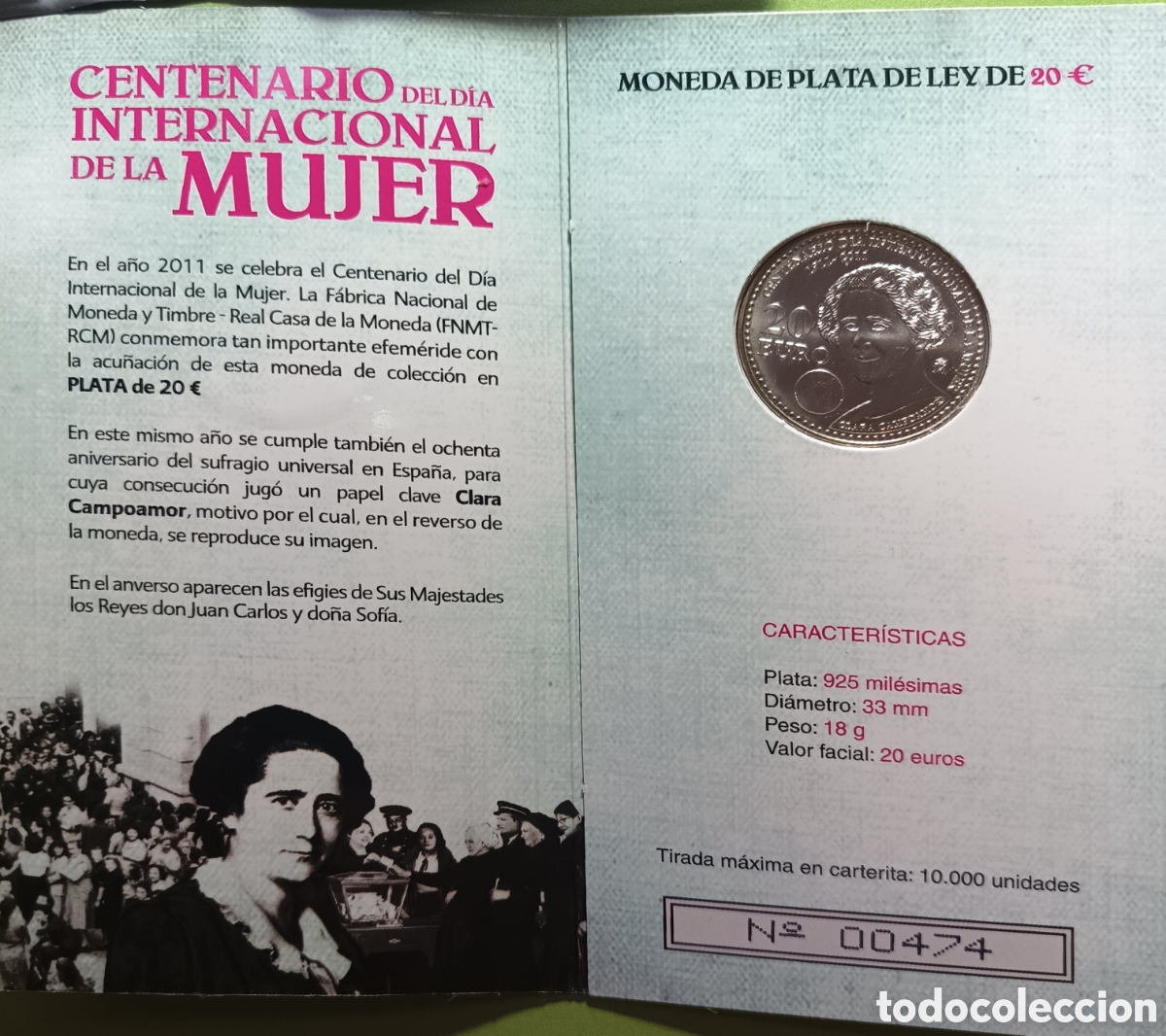 Monedas FNMT: 2011, CARTERA FNMT CENTENARIO DEL D&Iacute;A INTERNACIONAL DE LA MUJER, MONEDA DE 20&euro; - Foto 5