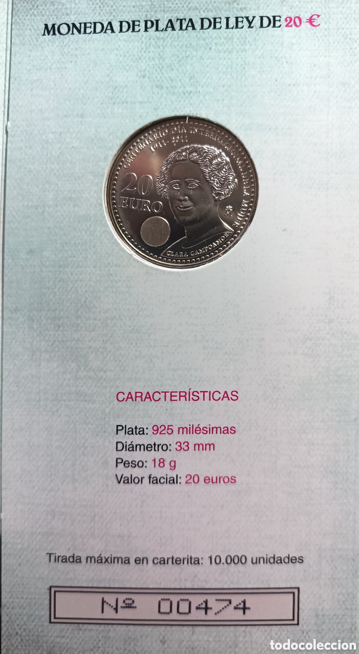 Monedas FNMT: 2011, CARTERA FNMT CENTENARIO DEL D&Iacute;A INTERNACIONAL DE LA MUJER, MONEDA DE 20&euro; - Foto 6