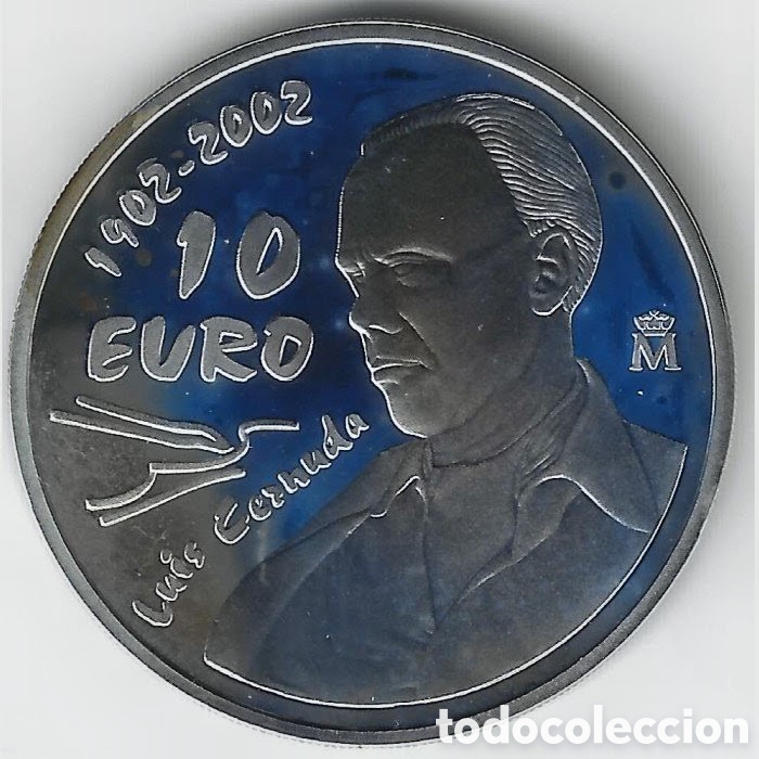 Monedas FNMT: 2002, PRIMER CENTENARIO DEL NACIMIENTO DE LUIS CERNUDA, MONEDA DE 10 EUROS.
