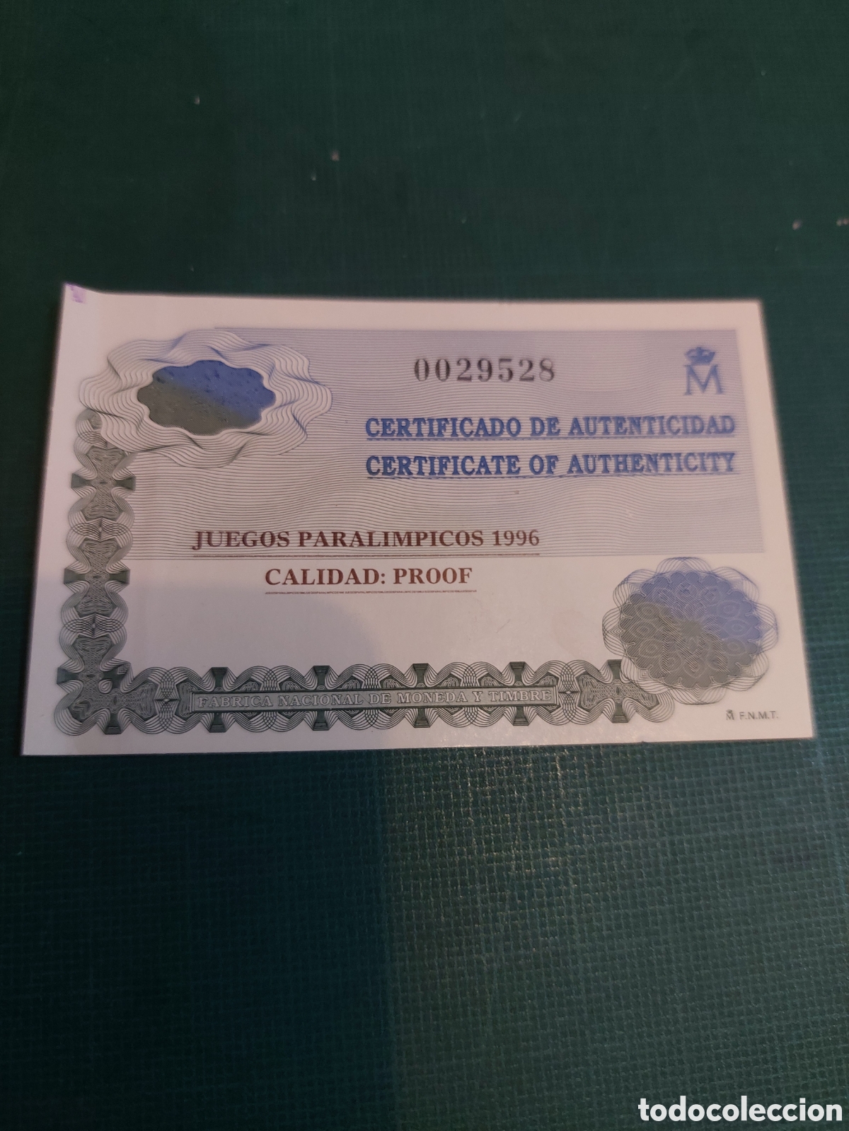 Monedas FNMT: CERTIFICADO FNMT JUEGOS PARALIMPICOS 1996 CALIDAD PROFF