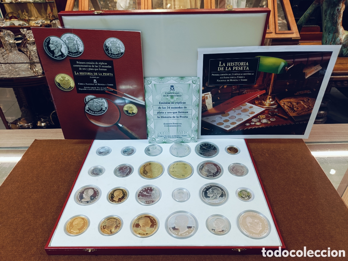 Monedas FNMT: HISTORIA DE LA PESETA - 24 MONEDAS PLATA Y CON BA&Ntilde;O ORO - 550,82 GRAMOS PLATA 925 - CON CERTIFICADO