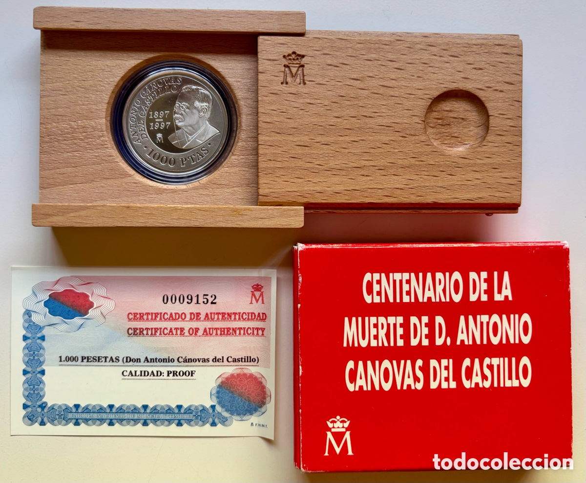 Monedas FNMT: Estuche Moneda PLATA 1000 Pesetas 1997. Centenario Muerte Antonio Canovas del Castillo. FNMT