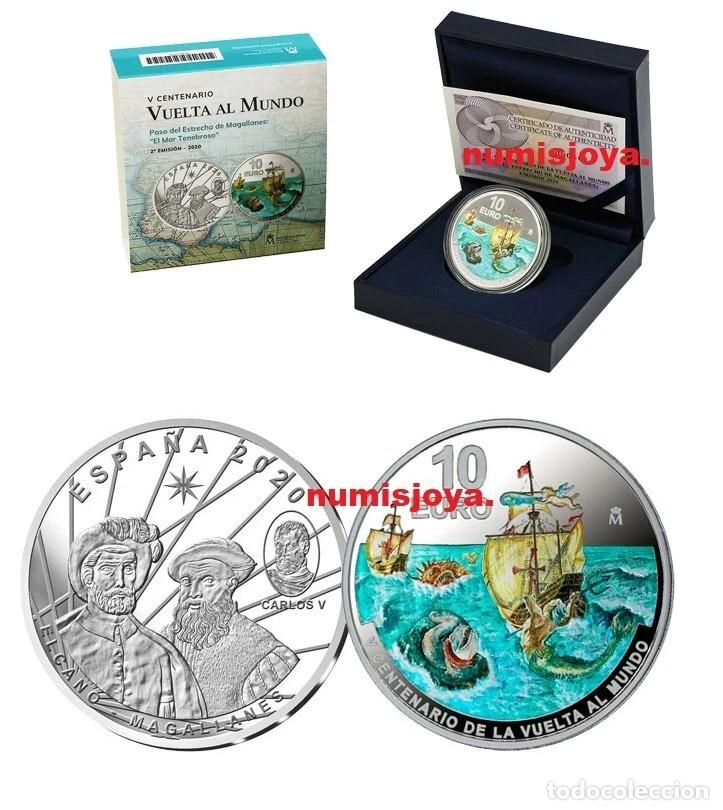 FNMT Coins: 10 EUROS PLATA 2020 V CENTENARIO VUELTA AL MUNDO PASO DEL ESTRECHO DE MAGALLANES MAR TENEBROSO.