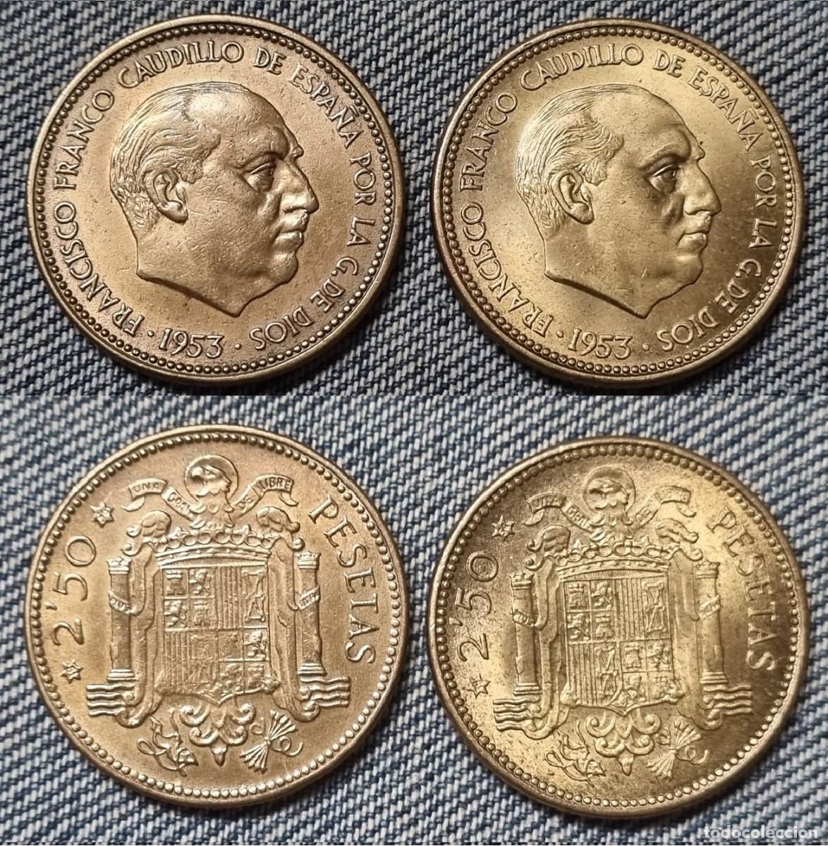 Monedas FNMT: ESTADO ESPA&Ntilde;OL FRANCO. Lote 2 de 2,50 PESETAS a&ntilde;o 1953*54 y *56. SIN CIRCULAR.