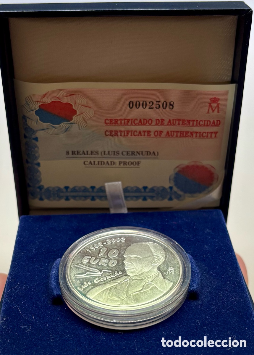 Monedas FNMT: Moneda PLATA 10 Euro 2002 Luis Cernuda. Espa&ntilde;a. Estuche + Certificado. Euros