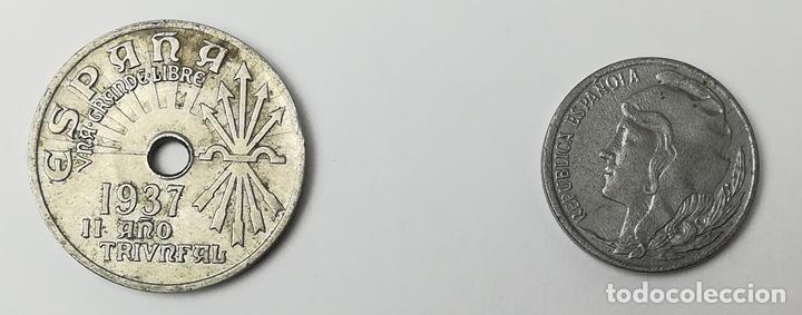 Monedas Franco: MONEDAS DE 5 C&Eacute;NTIMOS Y 25 C&Eacute;NTIMOS. ESPA&Ntilde;A 1937 - Foto 1