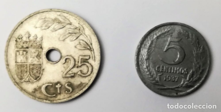 Monedas Franco: MONEDAS DE 5 C&Eacute;NTIMOS Y 25 C&Eacute;NTIMOS. ESPA&Ntilde;A 1937 - Foto 2