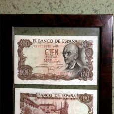 Monedas Franco: CUADRO CON 2 BILLETES ANTIGUOS DE 100 PESETAS