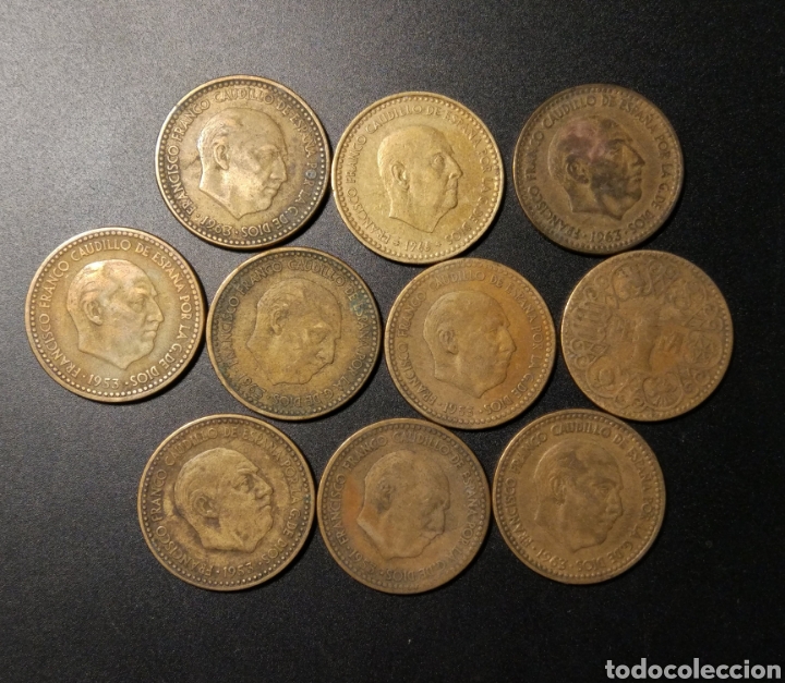 Monnaies Franco: 10 monedas de 1 pesetas desde 1944 a 1966, diversas estrellas y conservaciones.