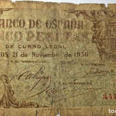 Monedas Franco: BILLETE 5 PESETAS 21 DE NOVIEMBRE 1936 BURGOS . SIN SERIE. Lote 358260650