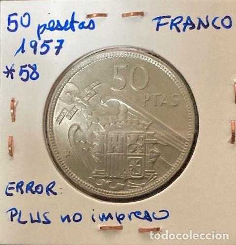Monedas Franco: 50 pesetas 1957 ERROR - PLUS no impreso - Foto 1