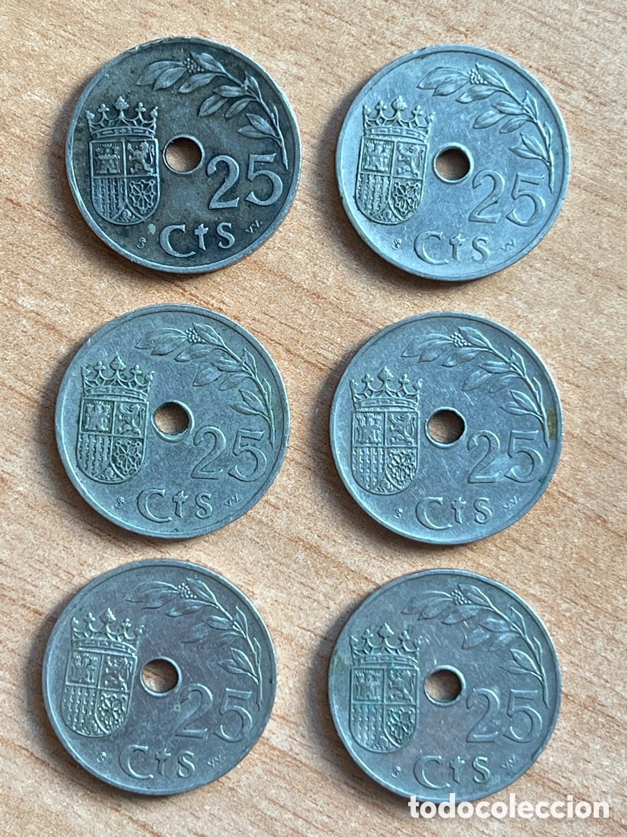 Monedas Franco: 6 Valiosas Monedas 25 C&eacute;ntimos a&ntilde;o 1937. - Foto 2
