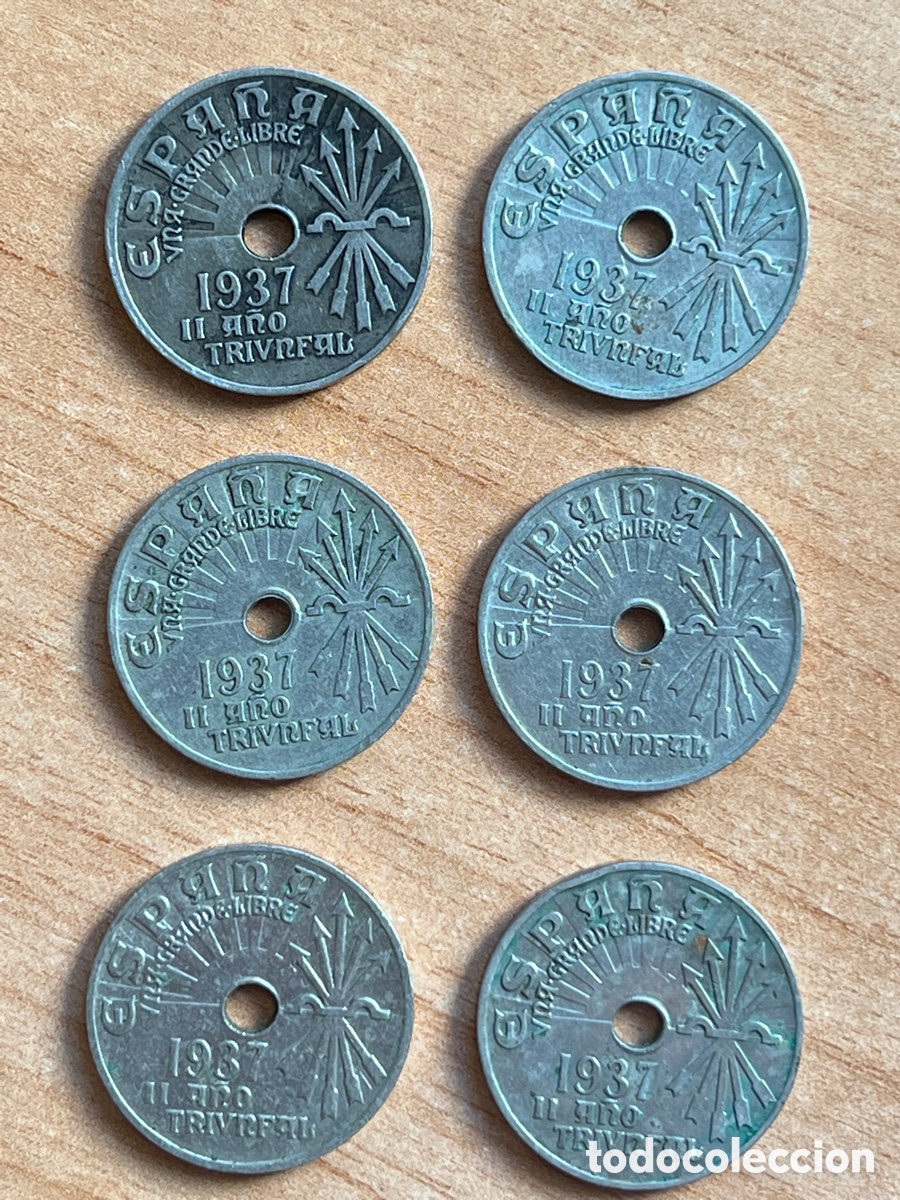 Monedas Franco: 6 Valiosas Monedas 25 C&eacute;ntimos a&ntilde;o 1937. - Foto 1