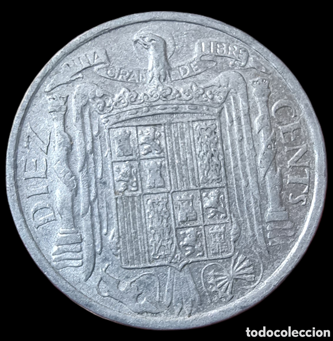 Monedas Franco: 10 c&eacute;ntimos 1953 error lostel doble - Foto 2