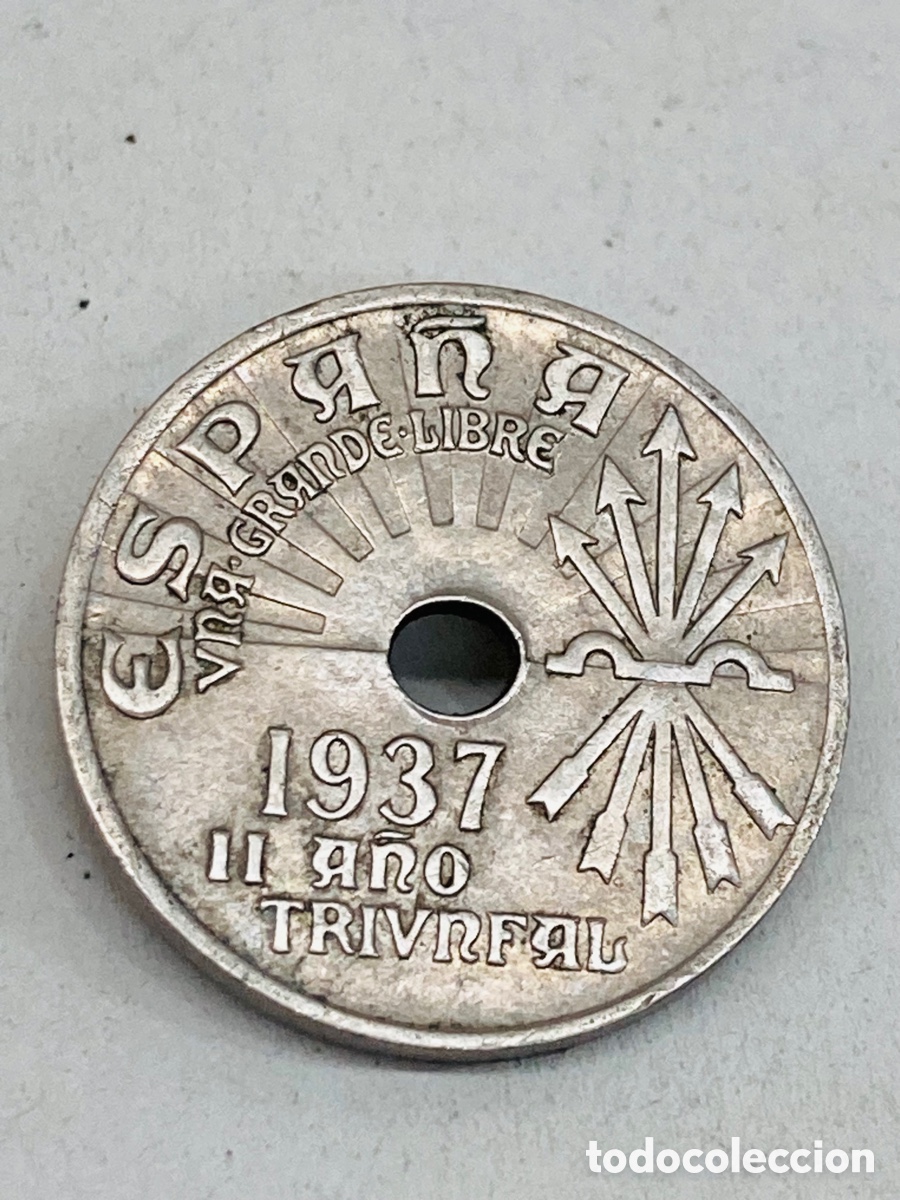 Monedas Franco: Moneda de veinticinco c&eacute;ntimos 1937 - Foto 2