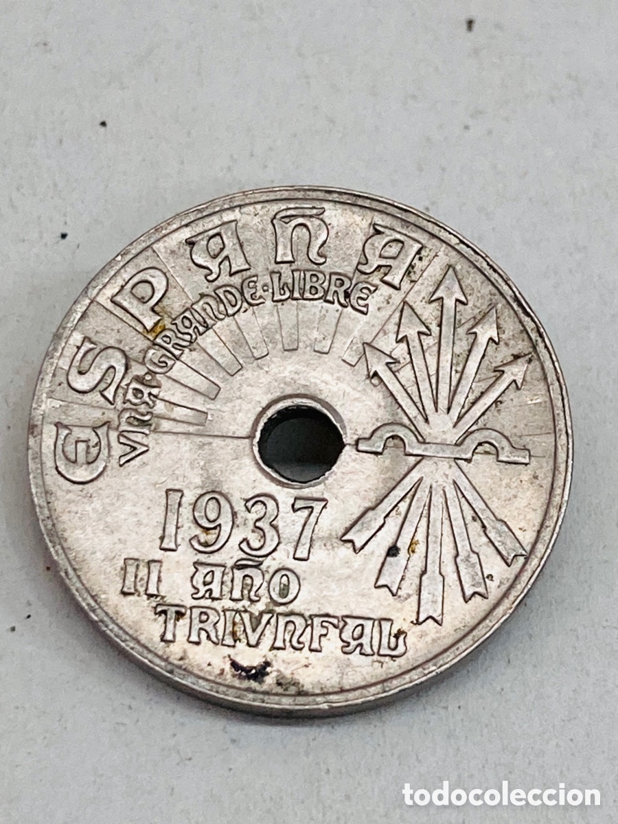 Monedas Franco: Moneda veinticinco c&eacute;ntimos 1937! - Foto 2