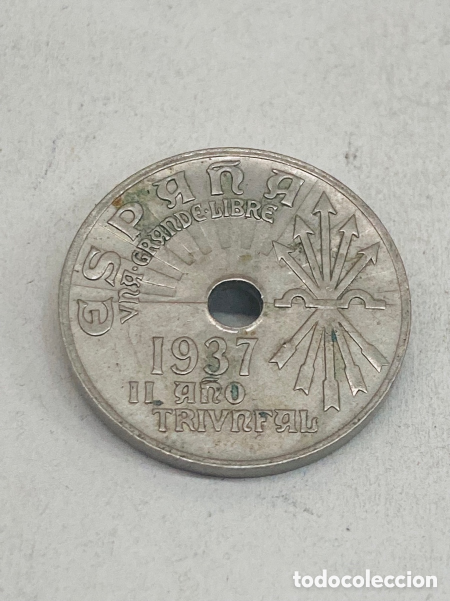 Monedas Franco: Moneda de veinticinco c&eacute;ntimos 1937 - Foto 2