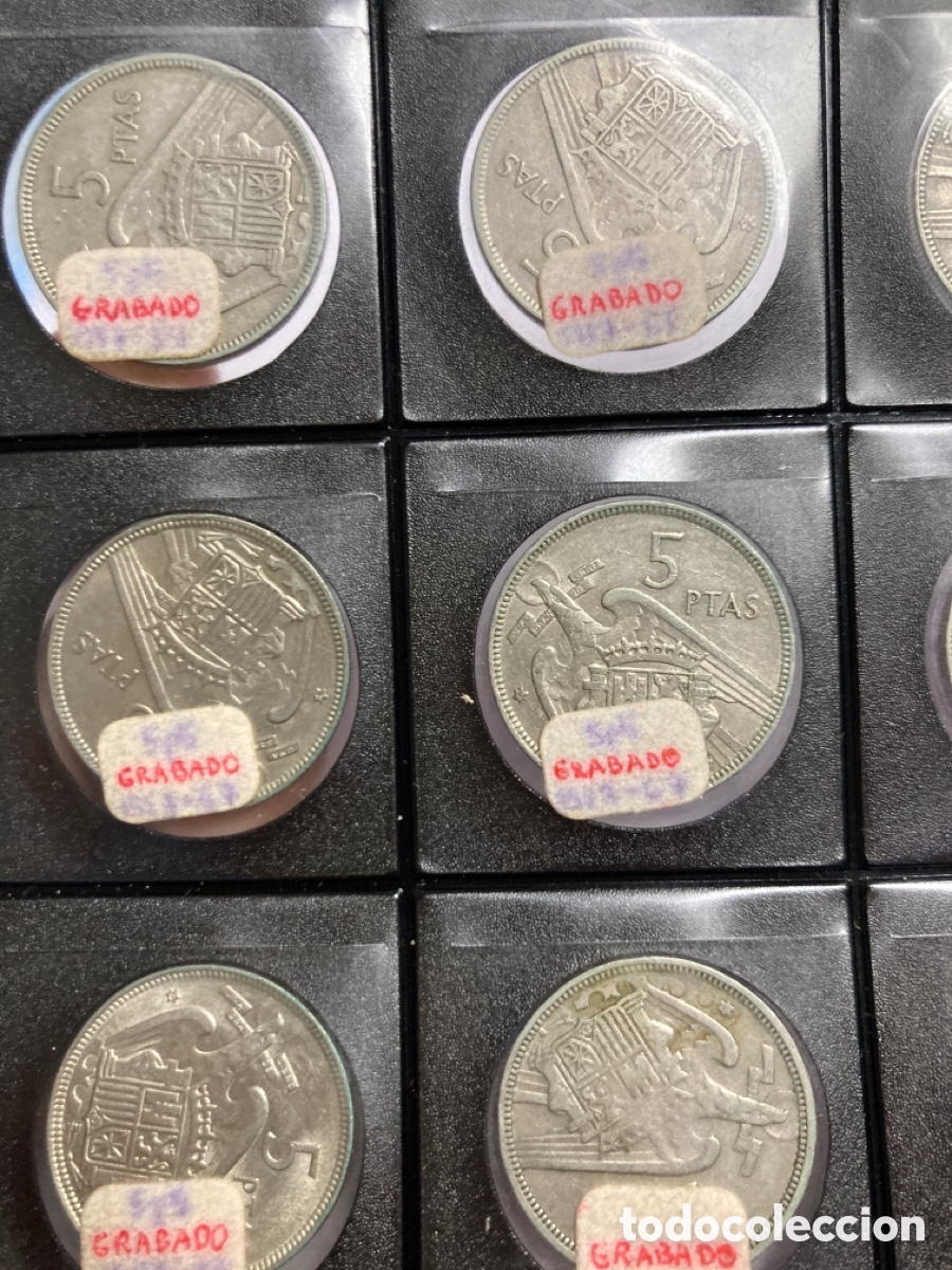 Monedas Franco: 28 monedas de cinco pesetas Grabados 1957 E70 E59 E69 E65 E64 E62 E68 E67 - Foto 9