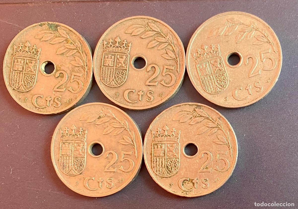 Monedas Franco: LOTE 5 MONEDAS 25 C&Eacute;NTIMOS 1937 - Foto 1