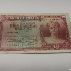 Monedas Franco: BILLETE 10 PESETAS CERTIFICADO PLATA 1935 BANCO DE ESPAÑA - SERIE A - BRADBURY WILKINSON -
