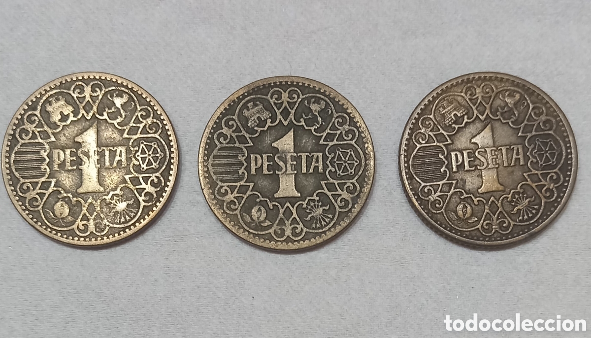 Monedas Franco: 3 monedas de 1 peseta de 1944 - Foto 1