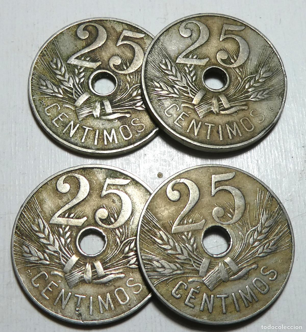 Monedas Franco: Lote de 4 monedas de 25 c&eacute;ntimos 1937 - Foto 2