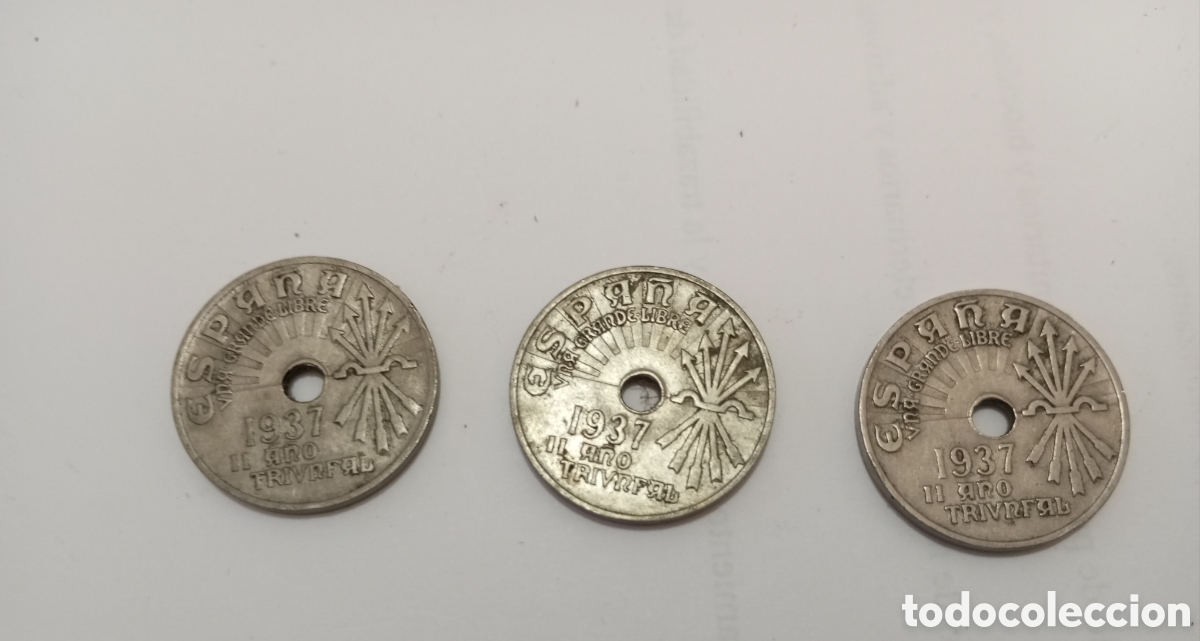 Monedas Franco: 3 monedas 25 ctm Espa&ntilde;a 1937 - Foto 1