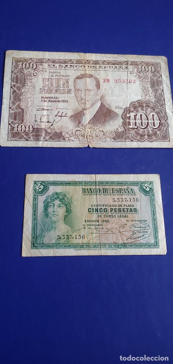 Monedas Franco: 2 BILLETES DE 100 Y 5 PESETAS - Foto 1