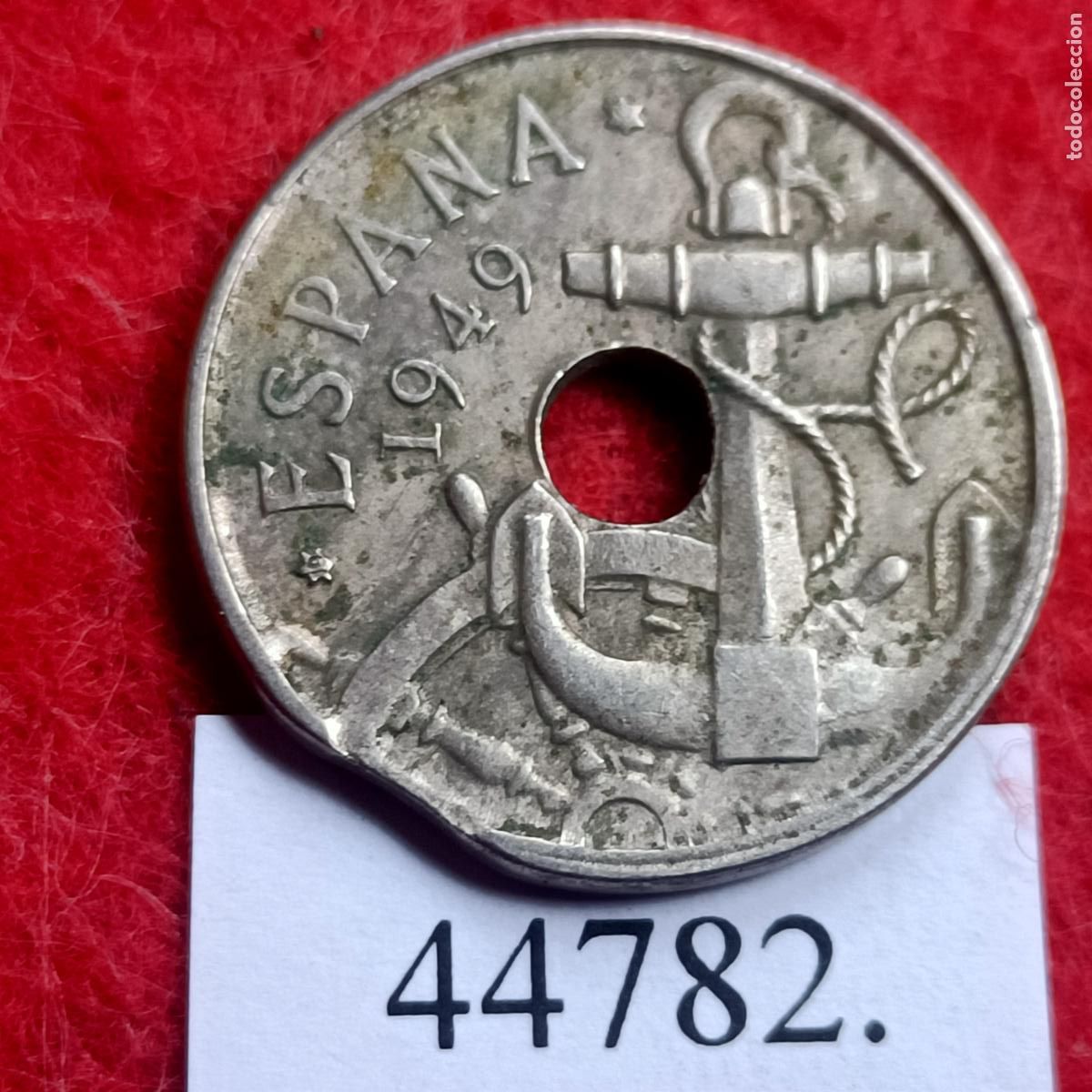 Monedas Franco: Espa&ntilde;a 50 centimos 1949, variante, error, final riel - Foto 1