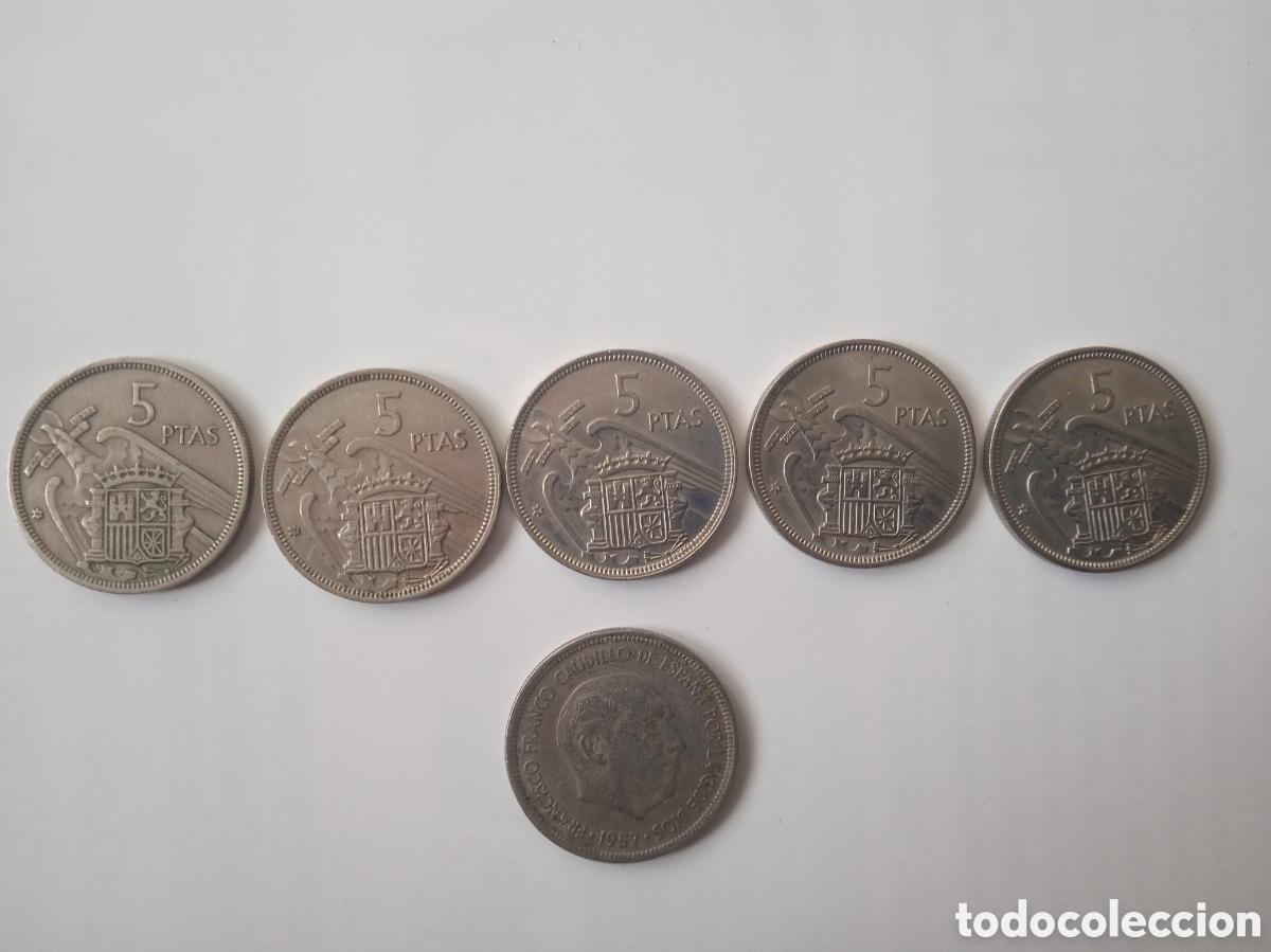 Monedas Franco: 6 MONEDAS DE 5 PESETAS 1957 - Foto 2