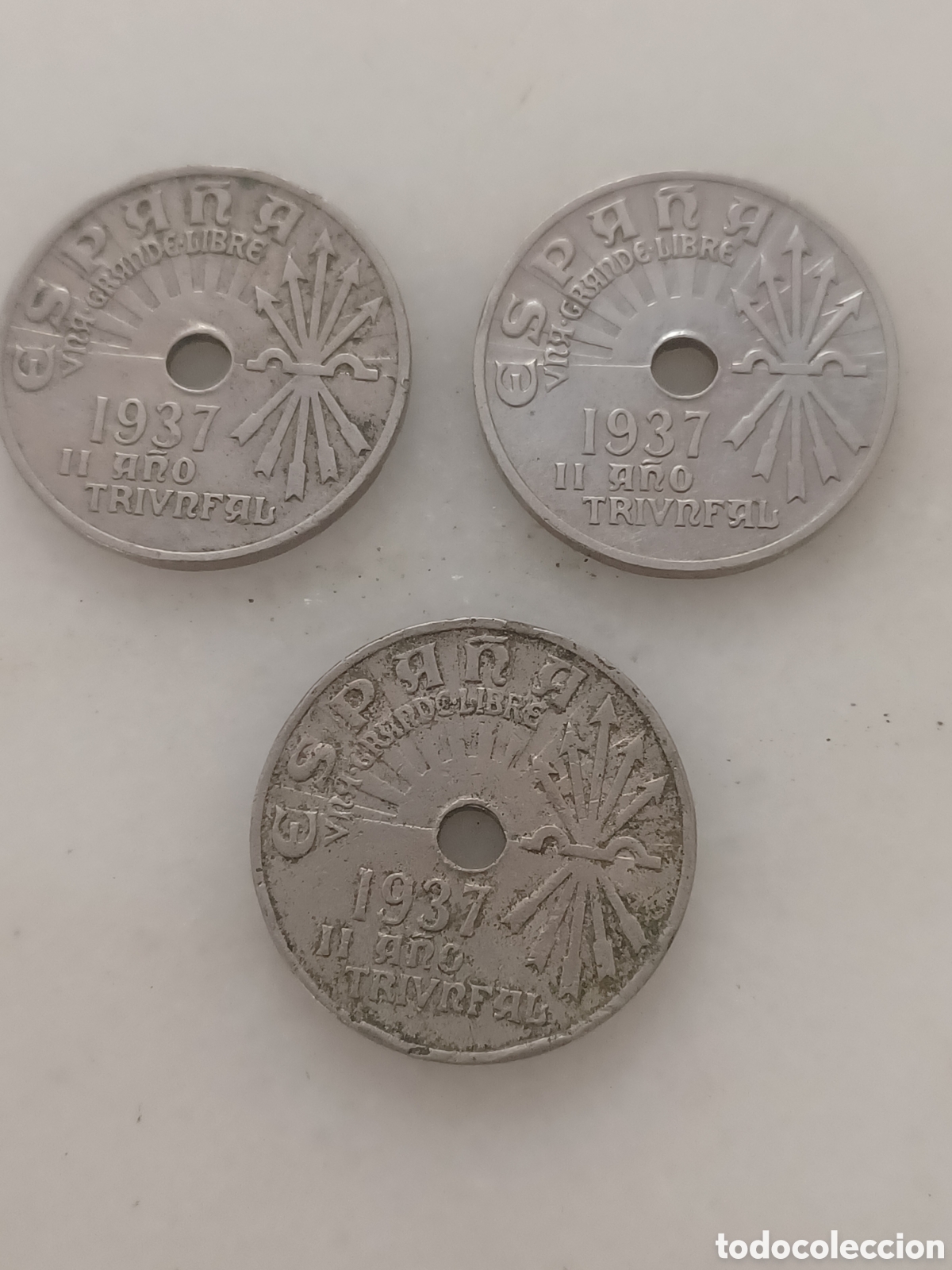 Monedas Franco: 3 monedas 25 centimos Espa&ntilde;a 1937 - Foto 1
