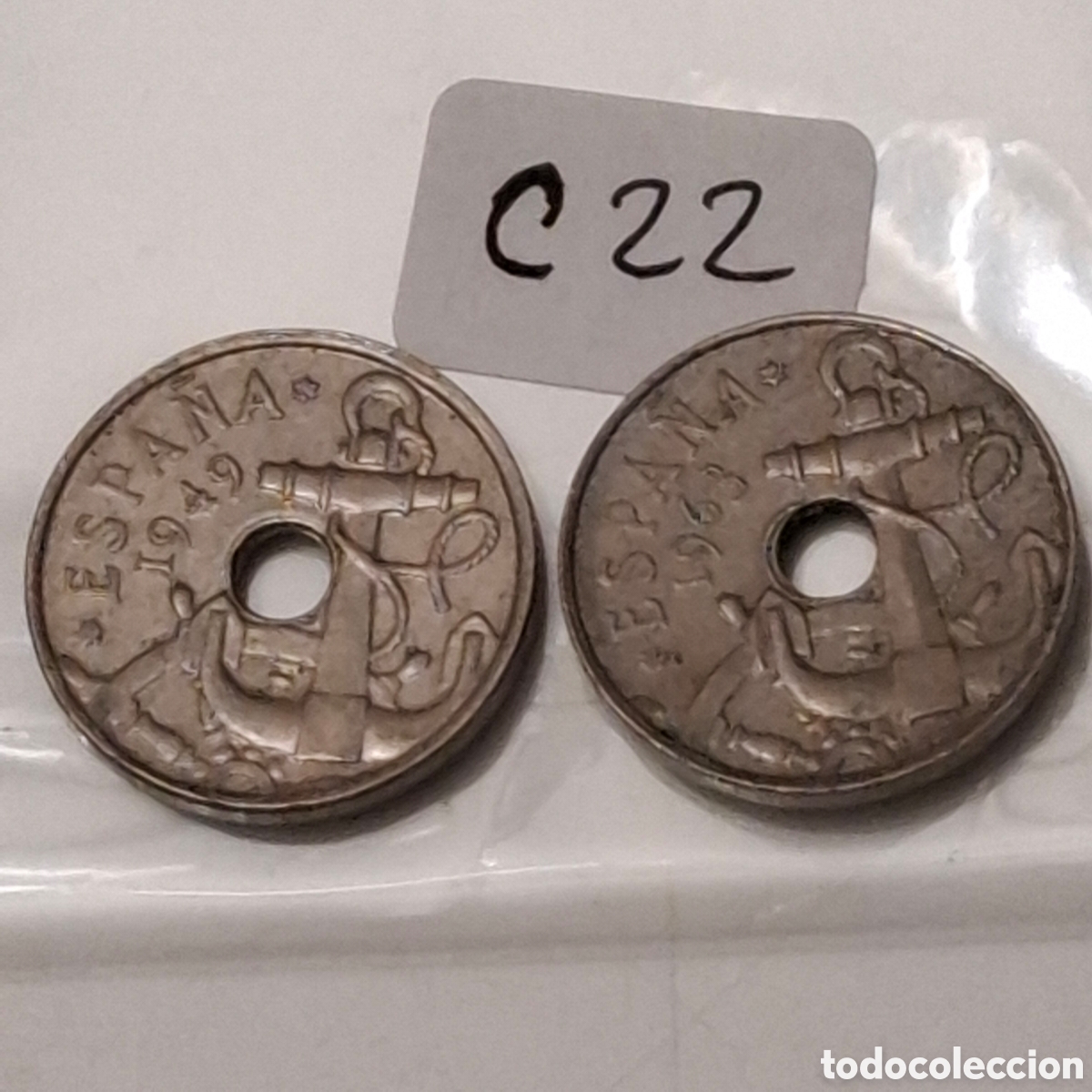 Moedas Franco: Dos Monedas De 50 C&eacute;ntimos De Peseta, 1 Del 1949 Y Otra De 1963, Ancla y Yugo Con Flechas.