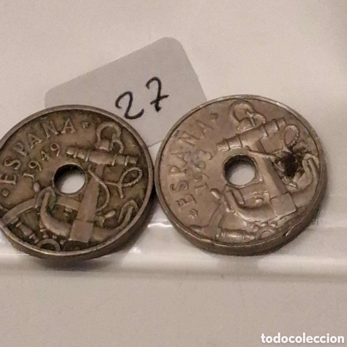 Moedas Franco: Dos Monedas De 50 C&eacute;ntimos De Peseta, 1 Del 1949 Y Otra De 1963, Ancla y Yugo Con Flechas.