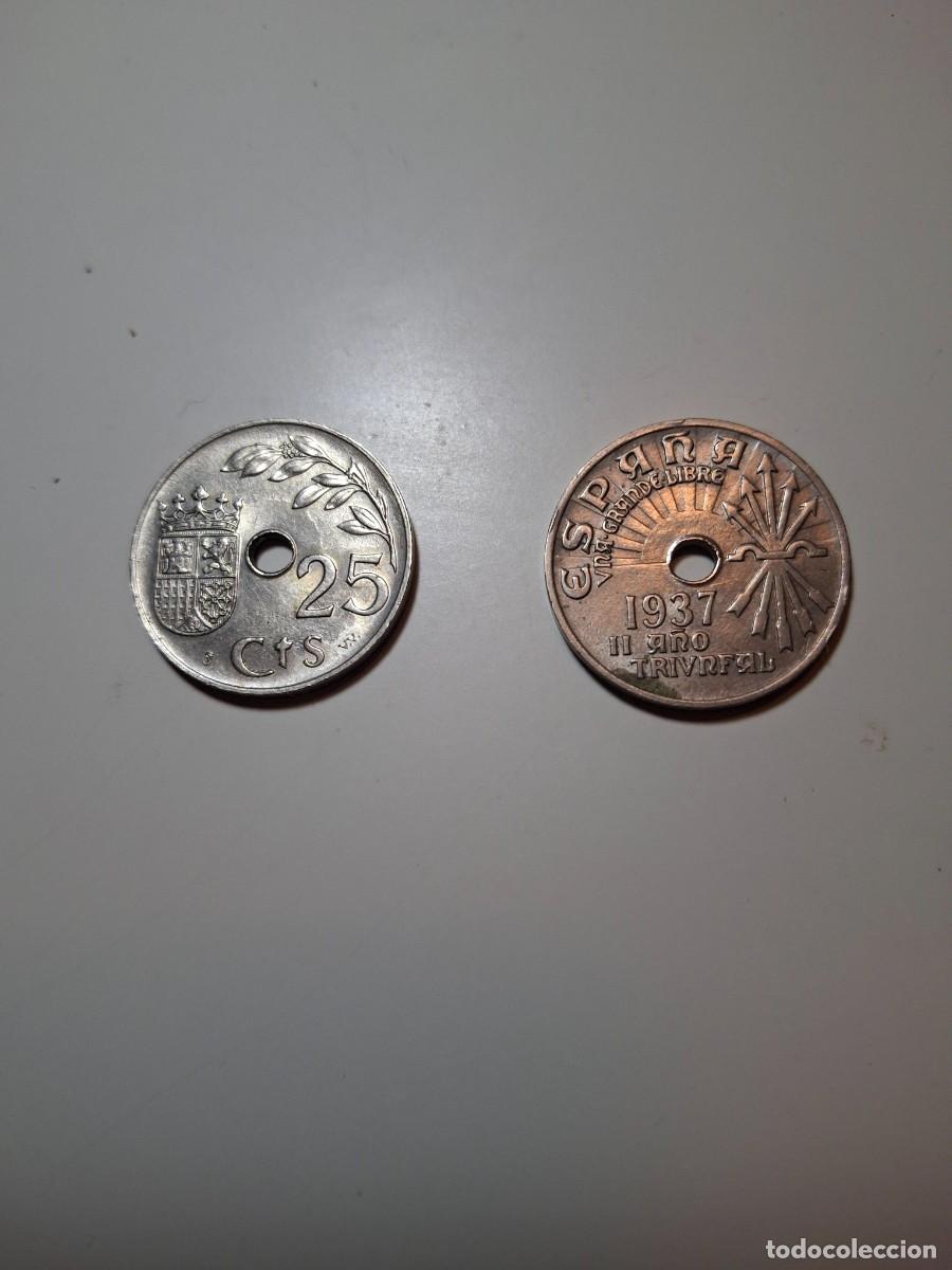 Monedas Franco: 2 monedas de 25 c&eacute;ntimos espa&ntilde;a 1937 - Foto 2